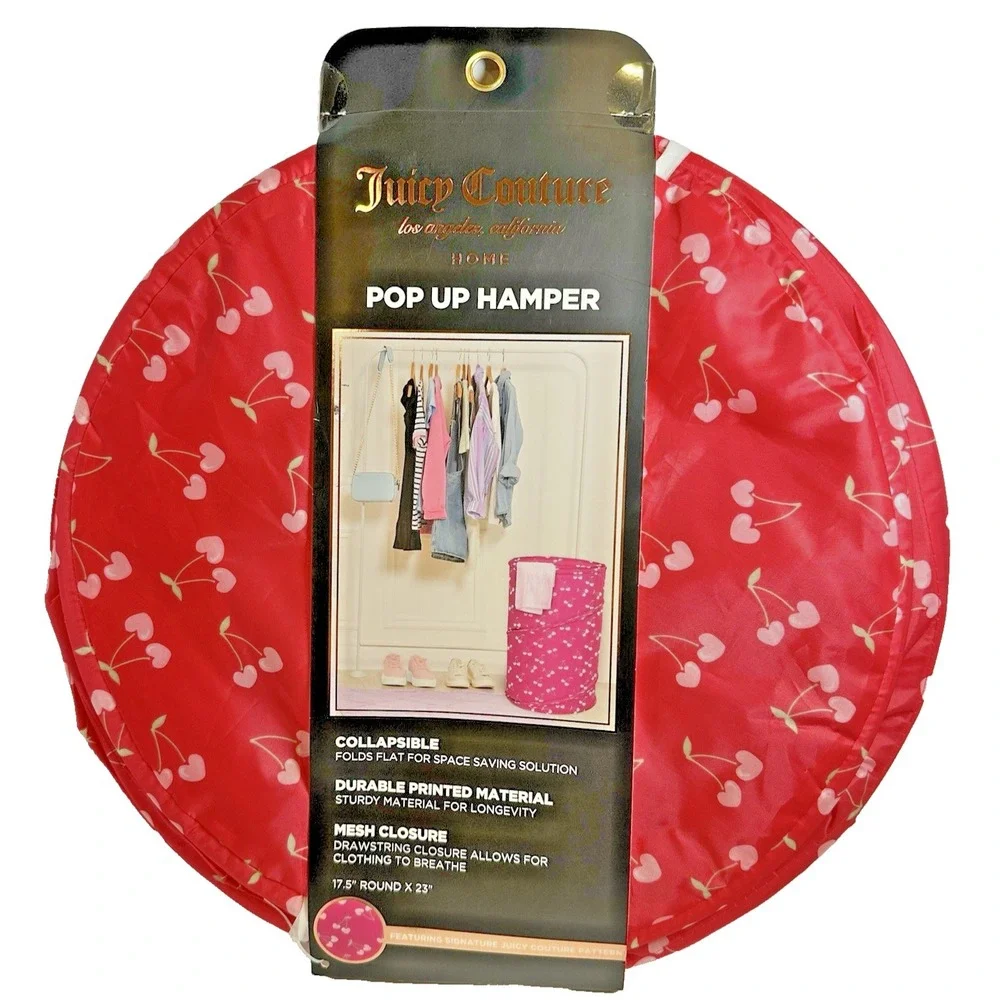 Juicy‎ Couture Cherry Pop Up Laundry Hamper Pink Foldable Mesh Drawstring New